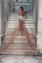 Vestido de fiesta sexy de tul largo con lentejuelas y cola, estilo sirena